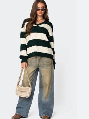 Edikted Striped V-Neck Cable Knit Sweater - Green & Cream